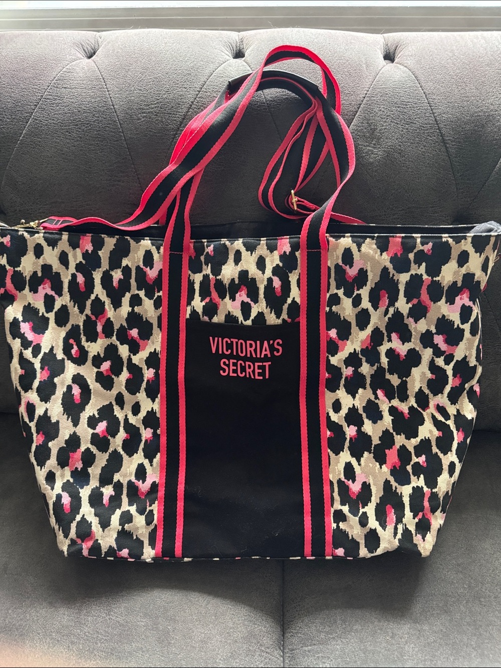 Victoria's Secret Black and Pink Leopard Canvas Tote